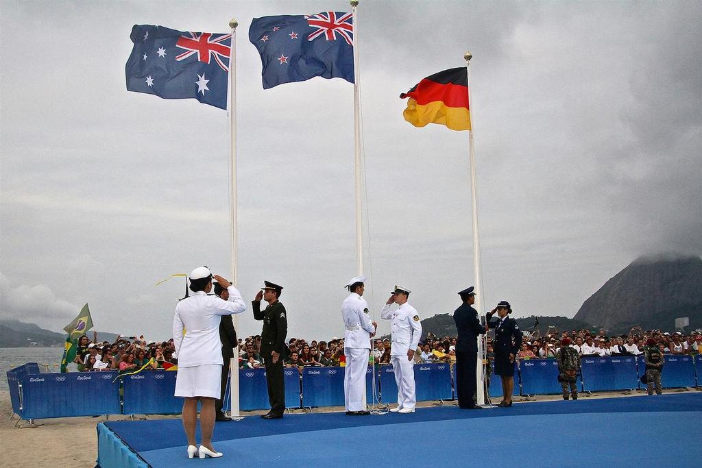 The New Zealand ensign flies high at the 49er Medal Presentation &copy; Richard Gladwell www.photosport.co.nz